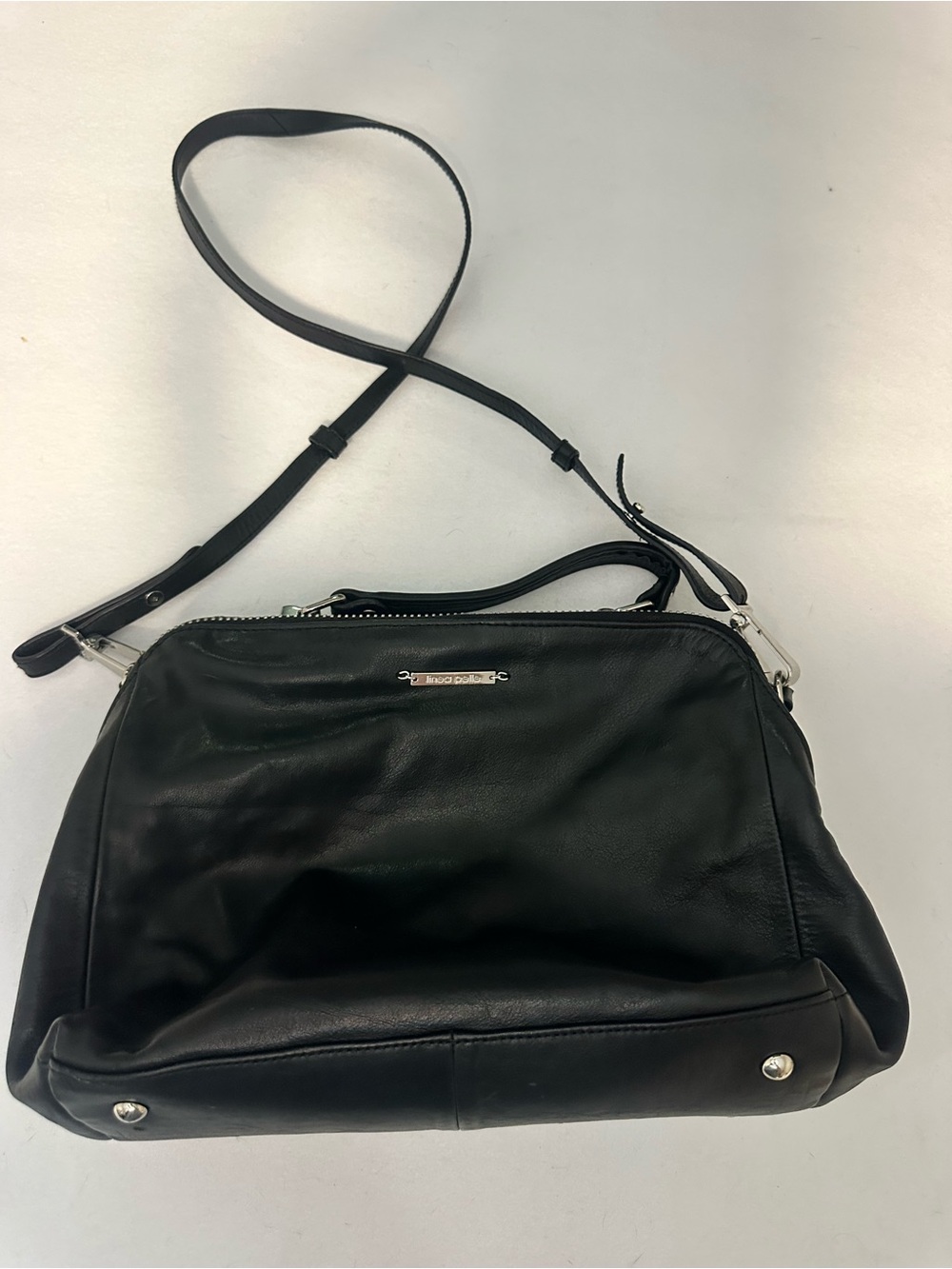 Linea Pelle Black Leather Crossbody Satchel Bag Silver Hardware Top Handle